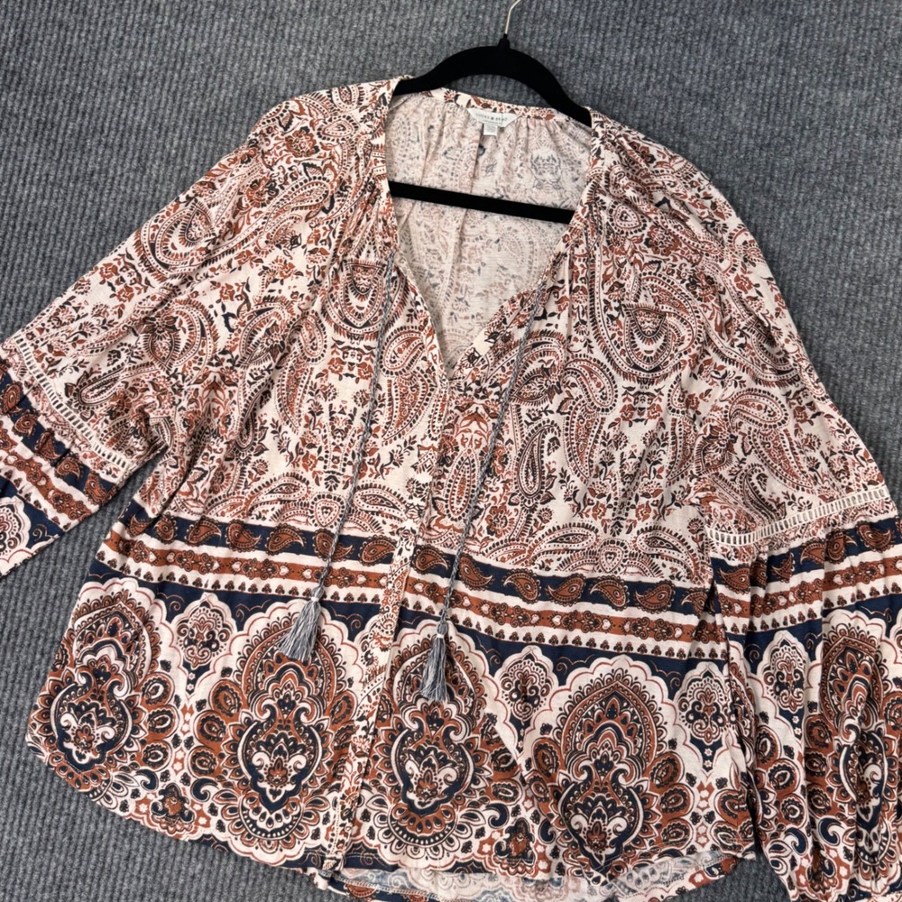 Lucky Brand Paisley Print Blouse‎ Top Tunic Womens 1X Boho Cottagecore Peasant